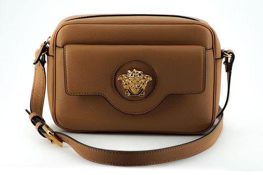 Versace Elegante Kameratasche aus braunem Leder, Umhängetasche