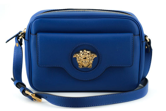 Versace – Elegante Kameratasche aus blauem Kalbsleder