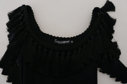 Dolce &amp; Gabbana – Schwarze Tanktop-Bluse mit Quasten aus Baumwolle