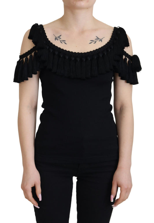 Dolce &amp; Gabbana – Schwarze Tanktop-Bluse mit Quasten aus Baumwolle
