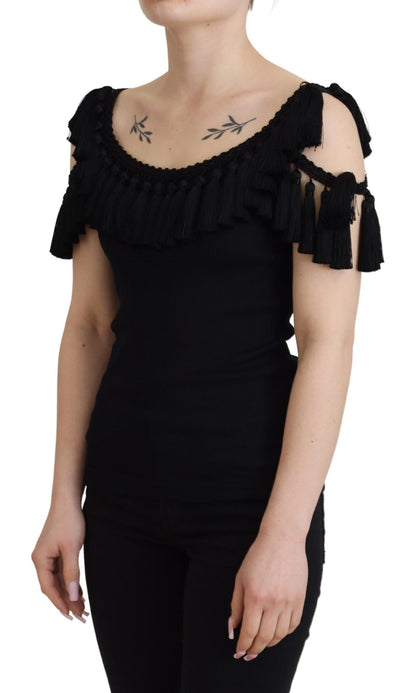 Dolce &amp; Gabbana – Schwarze Tanktop-Bluse mit Quasten aus Baumwolle