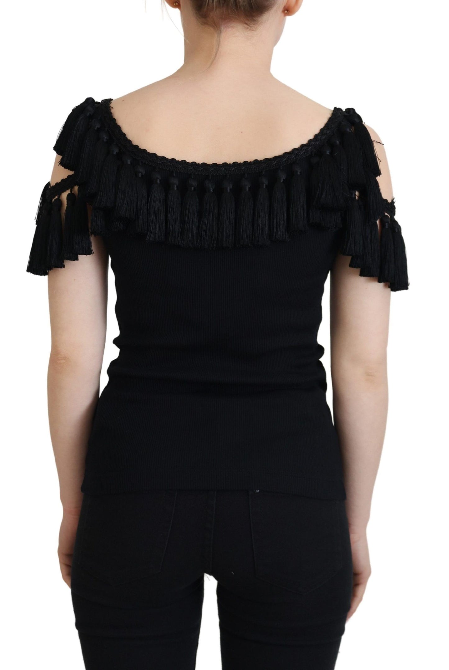 Dolce &amp; Gabbana – Schwarze Tanktop-Bluse mit Quasten aus Baumwolle