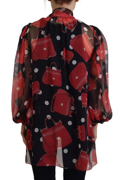 Dolce &amp; Gabbana Schwarz Rot Sicily Bag Seidenhemd Top Bluse