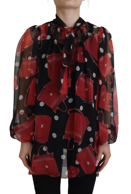 Dolce &amp; Gabbana Schwarz Rot Sicily Bag Seidenhemd Top Bluse