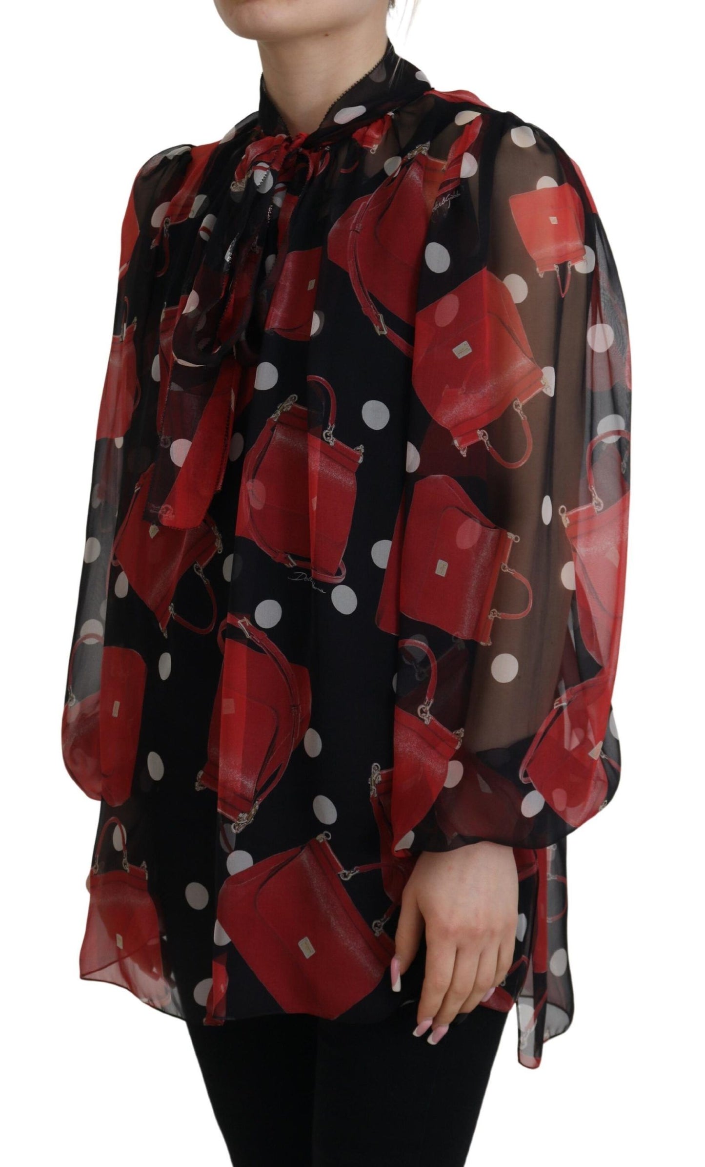 Dolce &amp; Gabbana Schwarz Rot Sicily Bag Seidenhemd Top Bluse