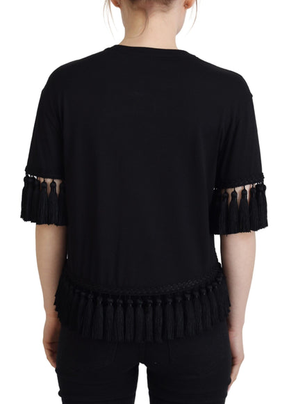 Dolce &amp; Gabbana Schwarze T-Shirt-Bluse mit Quasten aus Baumwolle