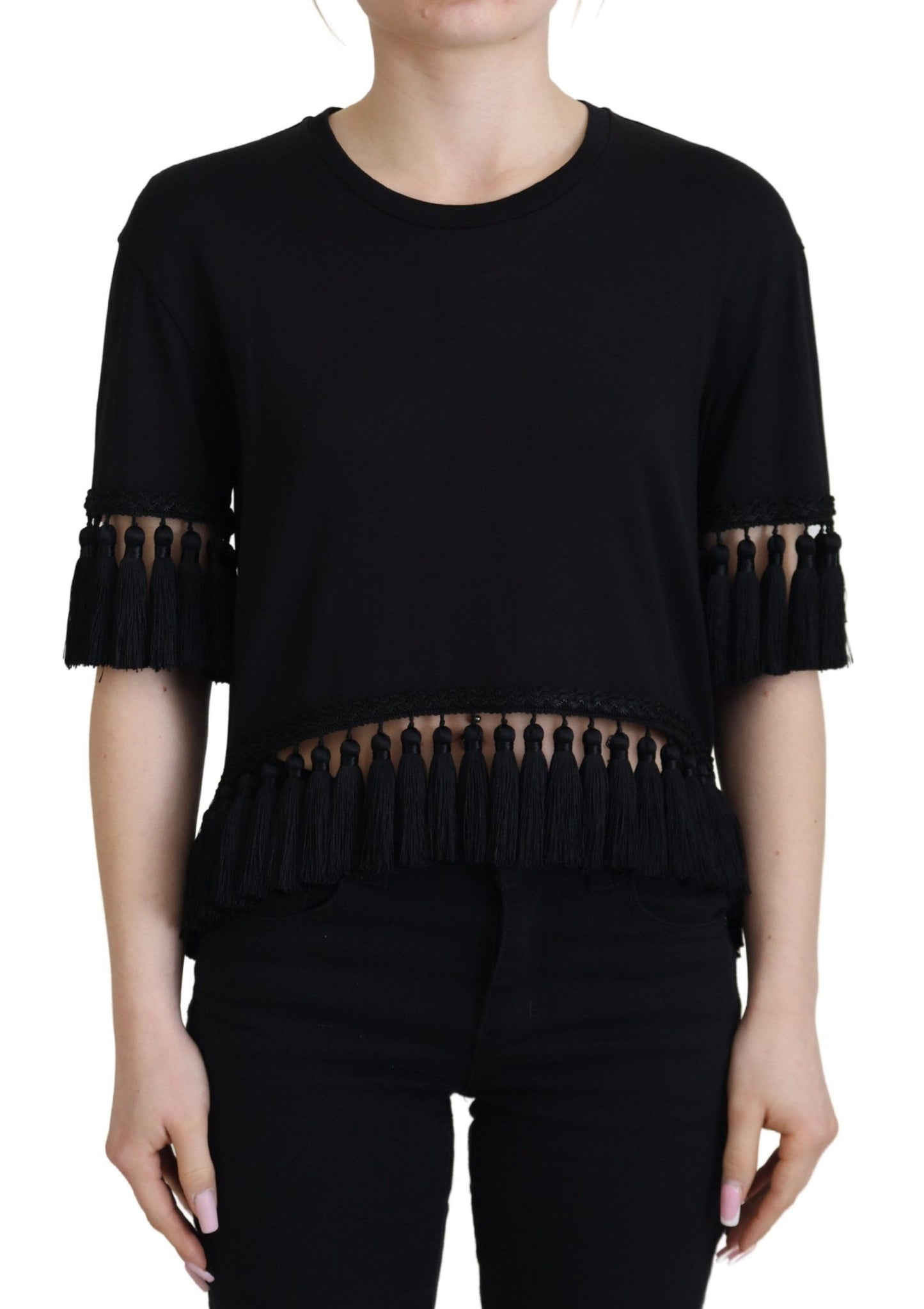 Dolce &amp; Gabbana Schwarze T-Shirt-Bluse mit Quasten aus Baumwolle