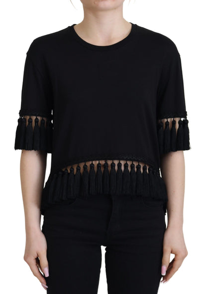 Dolce &amp; Gabbana Schwarze T-Shirt-Bluse mit Quasten aus Baumwolle