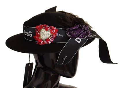 Dolce &amp; Gabbana – Schwarzer Fedora-Hut mit Lapil-Kristallherz-Federbrosche