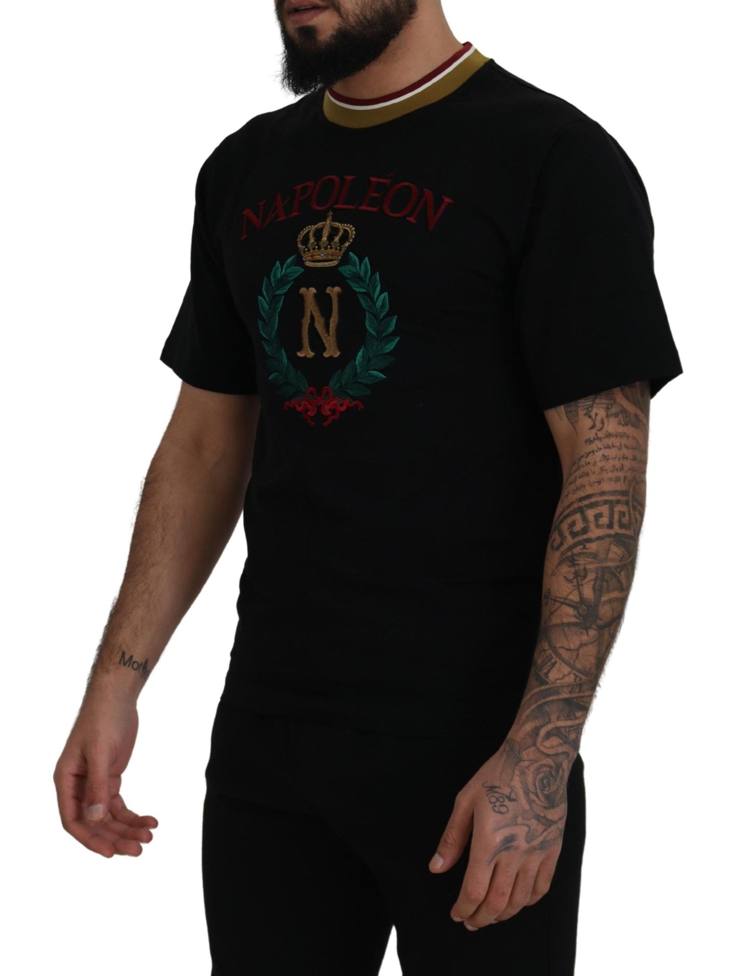 Dolce &amp; Gabbana – Schwarzes, besticktes T-Shirt mit Rundhalsausschnitt aus Baumwolle