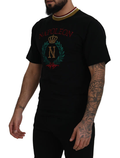 Dolce &amp; Gabbana – Schwarzes, besticktes T-Shirt mit Rundhalsausschnitt aus Baumwolle