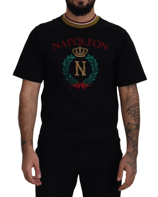 Dolce &amp; Gabbana – Schwarzes, besticktes T-Shirt mit Rundhalsausschnitt aus Baumwolle