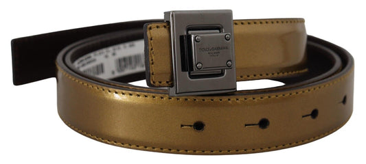 Dolce &amp; Gabbana Gürtel aus goldenem Leder mit silberner quadratischer Metallschnalle