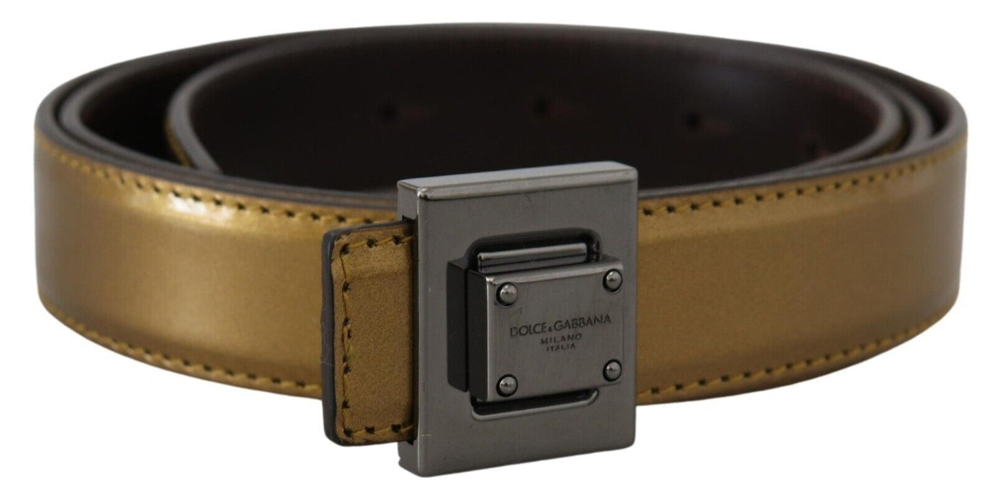 Dolce &amp; Gabbana Gürtel aus goldenem Leder mit silberner quadratischer Metallschnalle