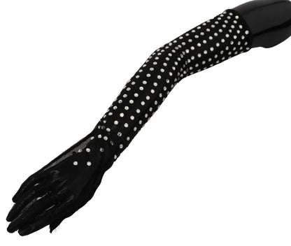 Dolce &amp; Gabbana – Schwarze, ellenbogenlange Handschuhe aus Baumwolltüll mit Kristallen
