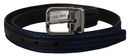 Dolce &amp; Gabbana – Blauer Jacquard-Gürtel mit Streifen und silberner Schnalle