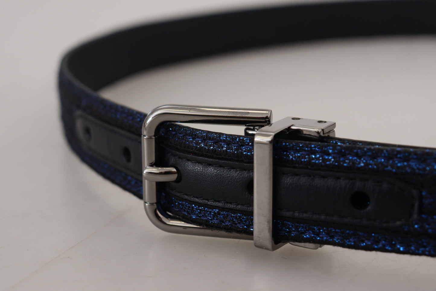 Dolce &amp; Gabbana – Blauer Jacquard-Gürtel mit Streifen und silberner Schnalle