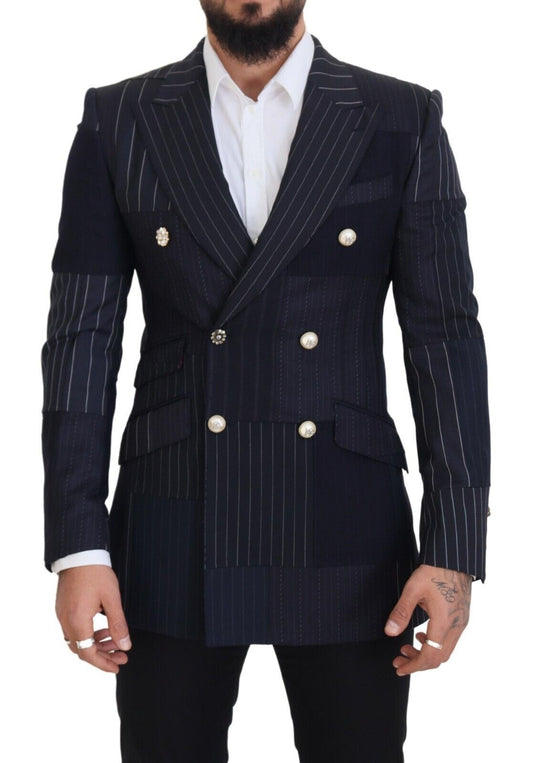 Dolce &amp; Gabbana – Zweireihiger Blazer aus blauer Wolle im Patchwork-Stil