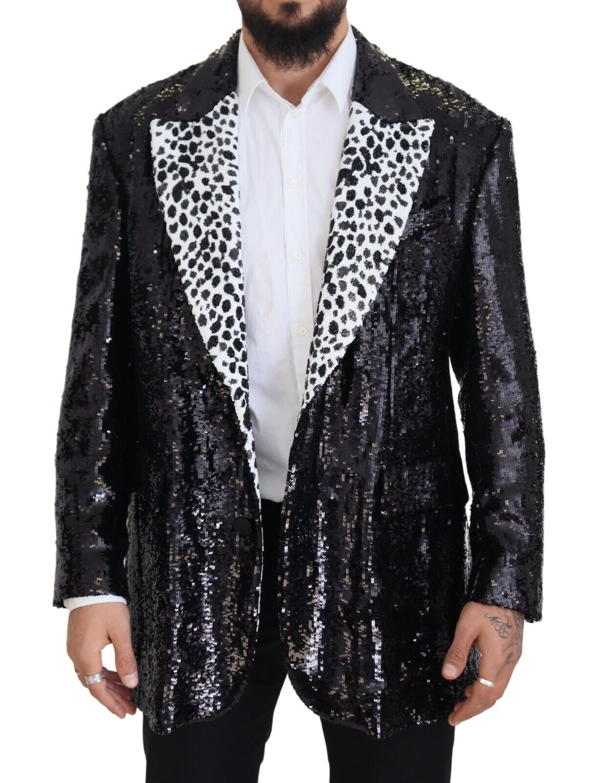 Dolce &amp; Gabbana – Schwarzer Nylonblazer mit Pailletten und Kuhmuster