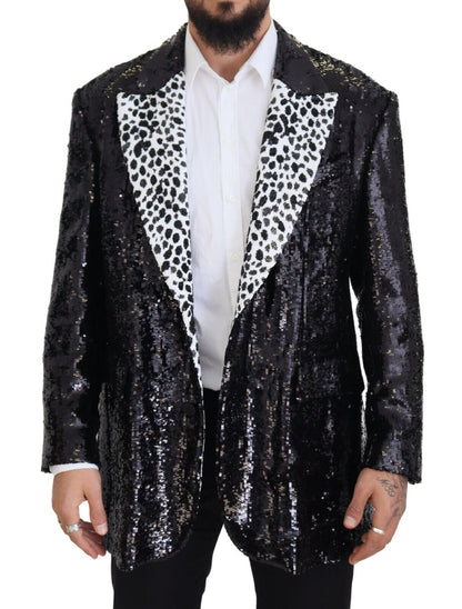 Dolce &amp; Gabbana – Schwarzer Nylonblazer mit Pailletten und Kuhmuster