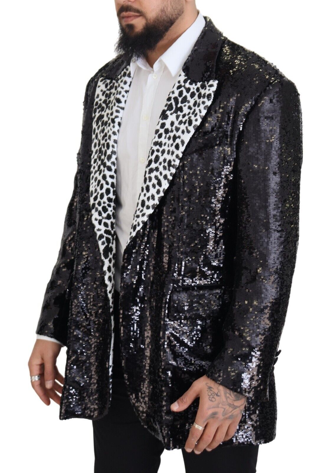Dolce &amp; Gabbana – Schwarzer Nylonblazer mit Pailletten und Kuhmuster