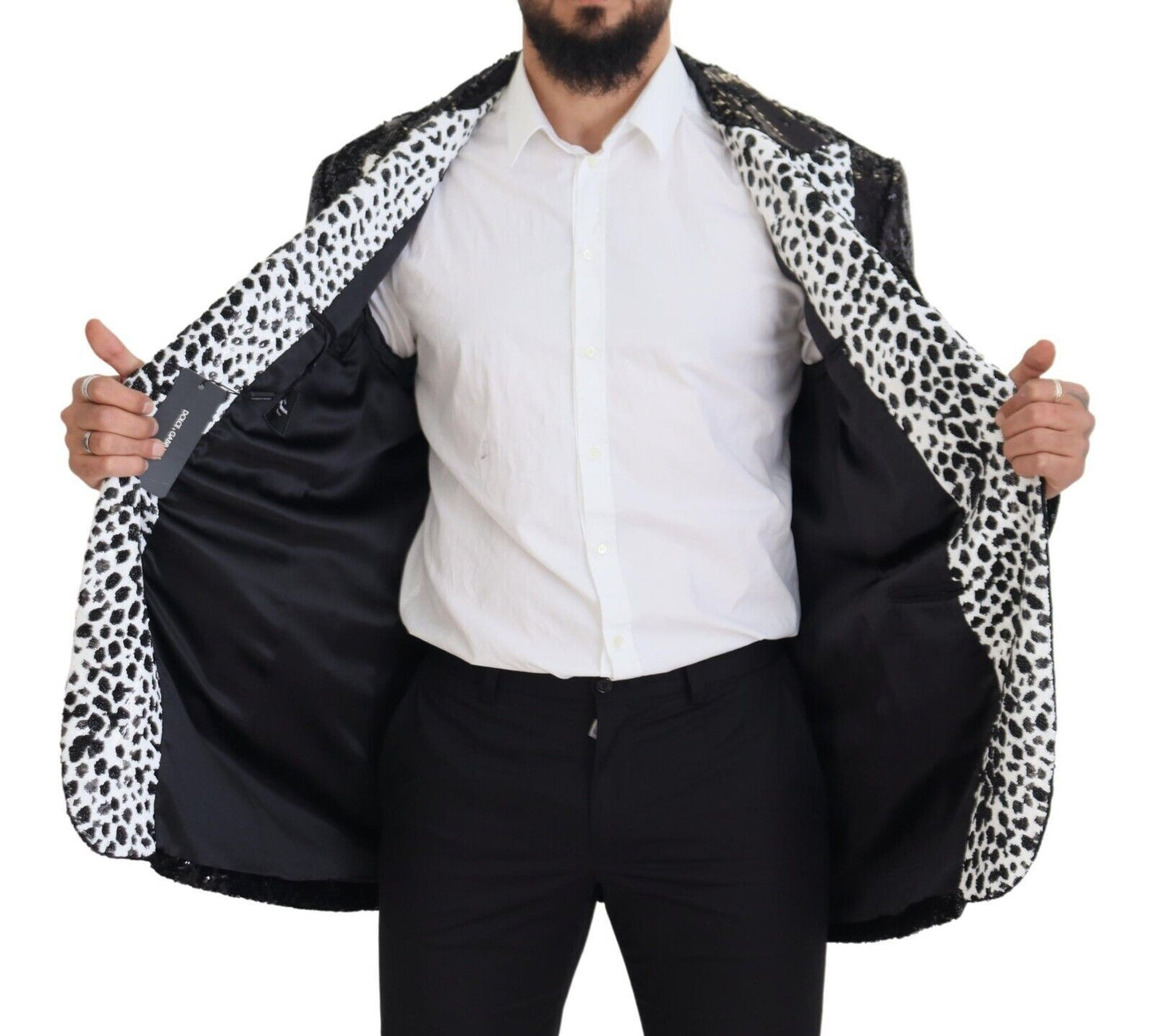 Dolce &amp; Gabbana – Schwarzer Nylonblazer mit Pailletten und Kuhmuster