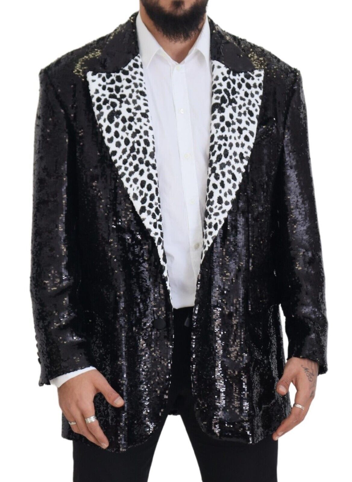 Dolce &amp; Gabbana – Schwarzer Nylonblazer mit Pailletten und Kuhmuster