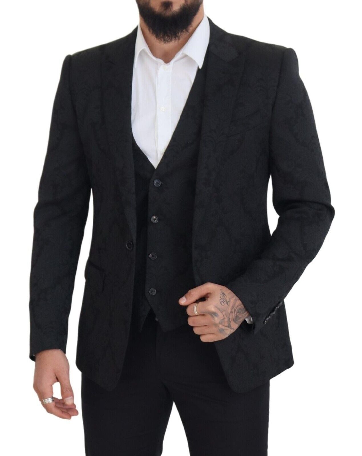 Dolce &amp; Gabbana Black Floral Brocade 2 Piece MARTINI Suit