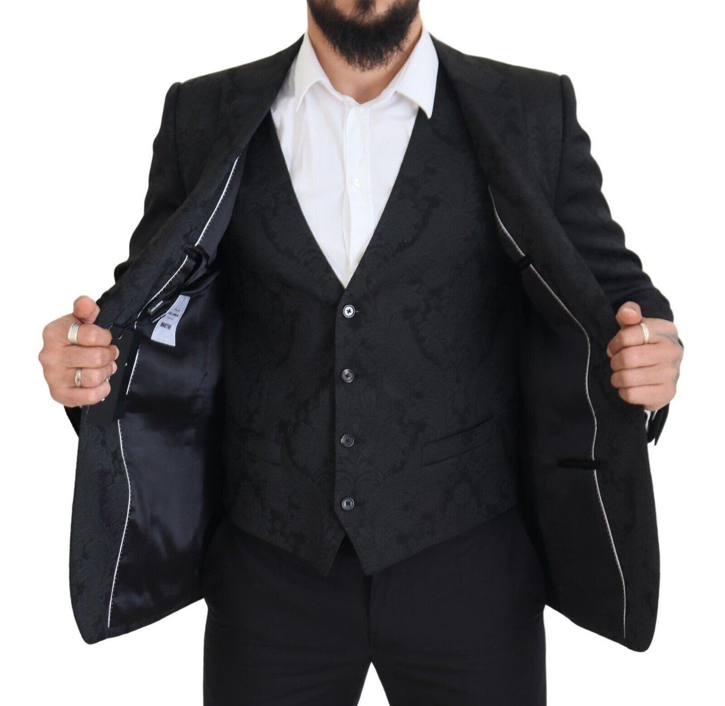 Dolce &amp; Gabbana Black Floral Brocade 2 Piece MARTINI Suit