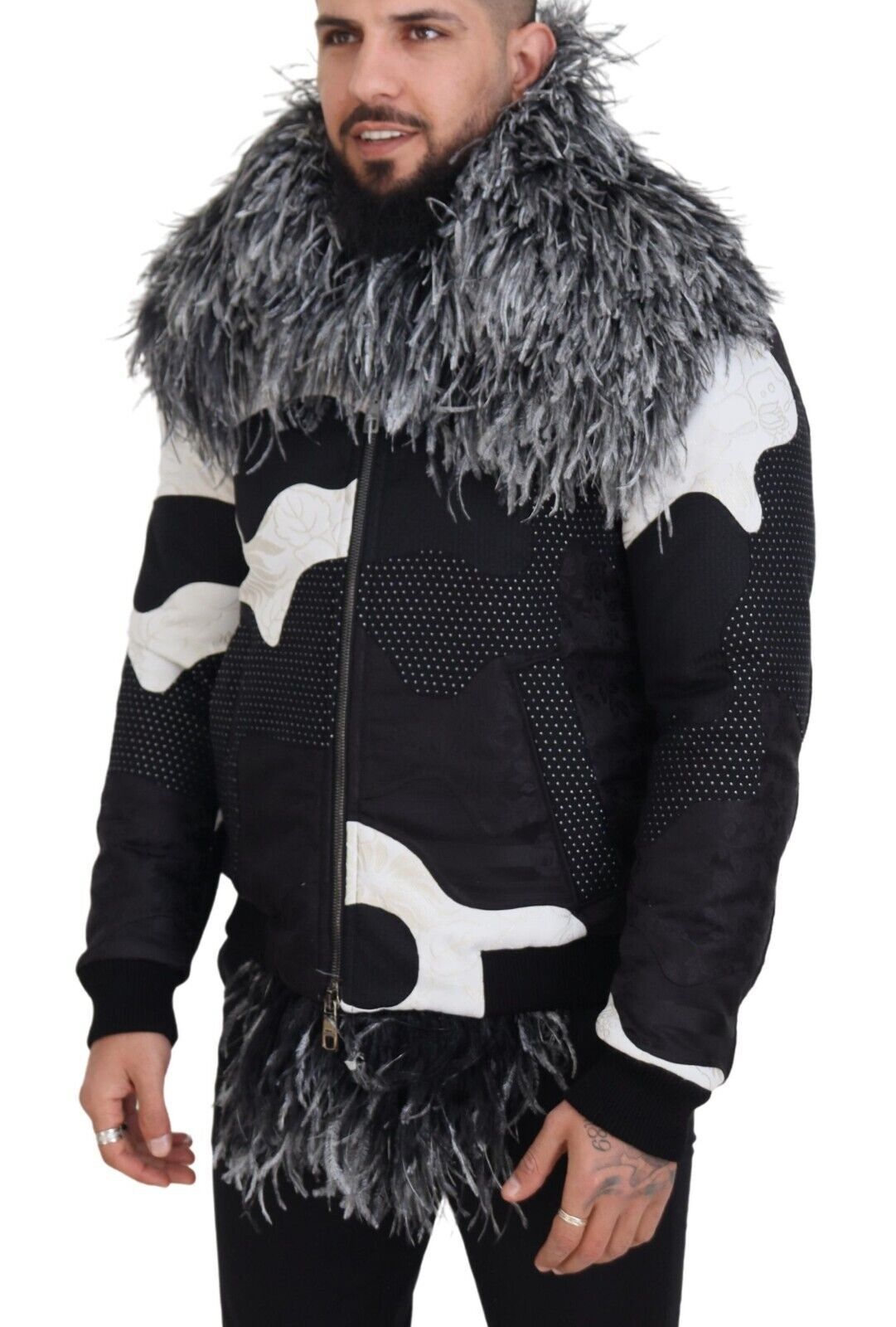 Dolce &amp; Gabbana Black White Fur Shearling Full Zip Jacket