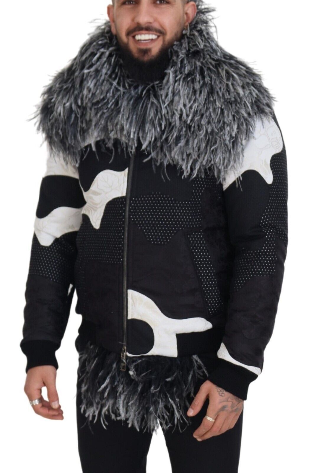 Dolce &amp; Gabbana Black White Fur Shearling Full Zip Jacket