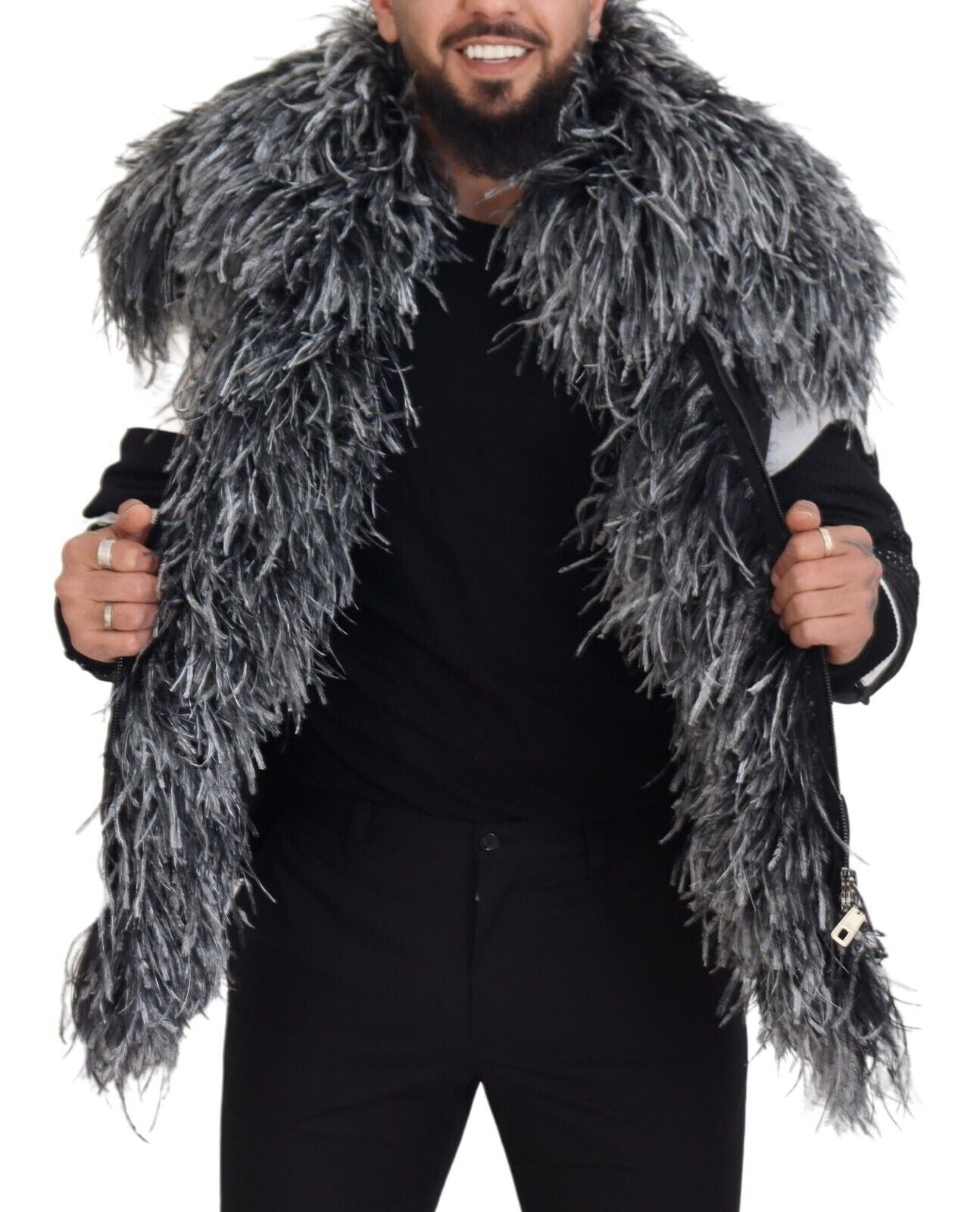 Dolce &amp; Gabbana Black White Fur Shearling Full Zip Jacket