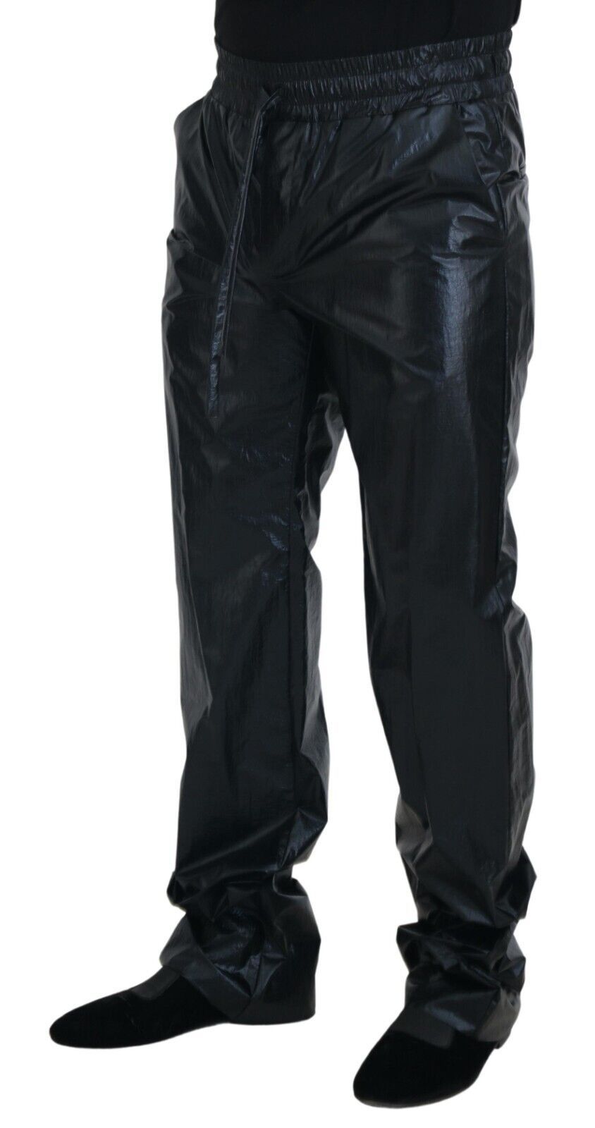 Dolce &amp; Gabbana Schwarze glänzende Nylonhose mit Kordelzug