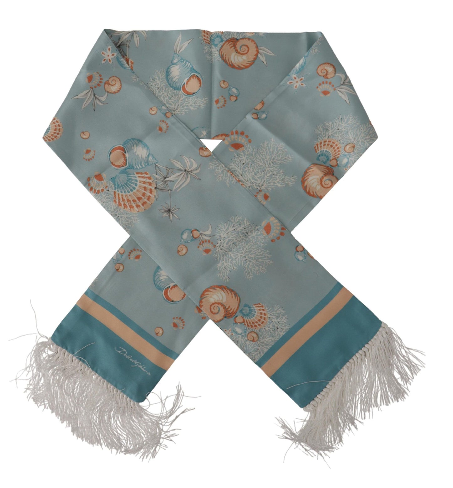 Dolce &amp; Gabbana – Blauer Seidenschal mit glänzendem Muschel-Print und Fransen
