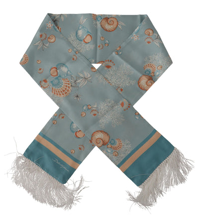 Dolce &amp; Gabbana – Blauer Seidenschal mit glänzendem Muschel-Print und Fransen