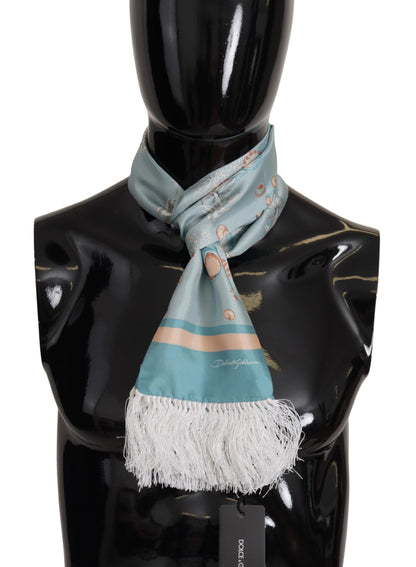 Dolce &amp; Gabbana – Blauer Seidenschal mit glänzendem Muschel-Print und Fransen