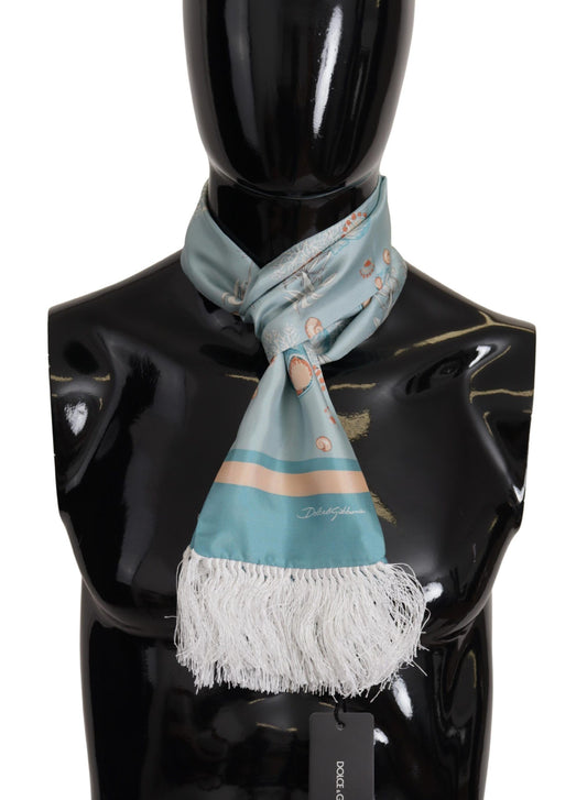 Dolce &amp; Gabbana – Blauer Seidenschal mit glänzendem Muschel-Print und Fransen