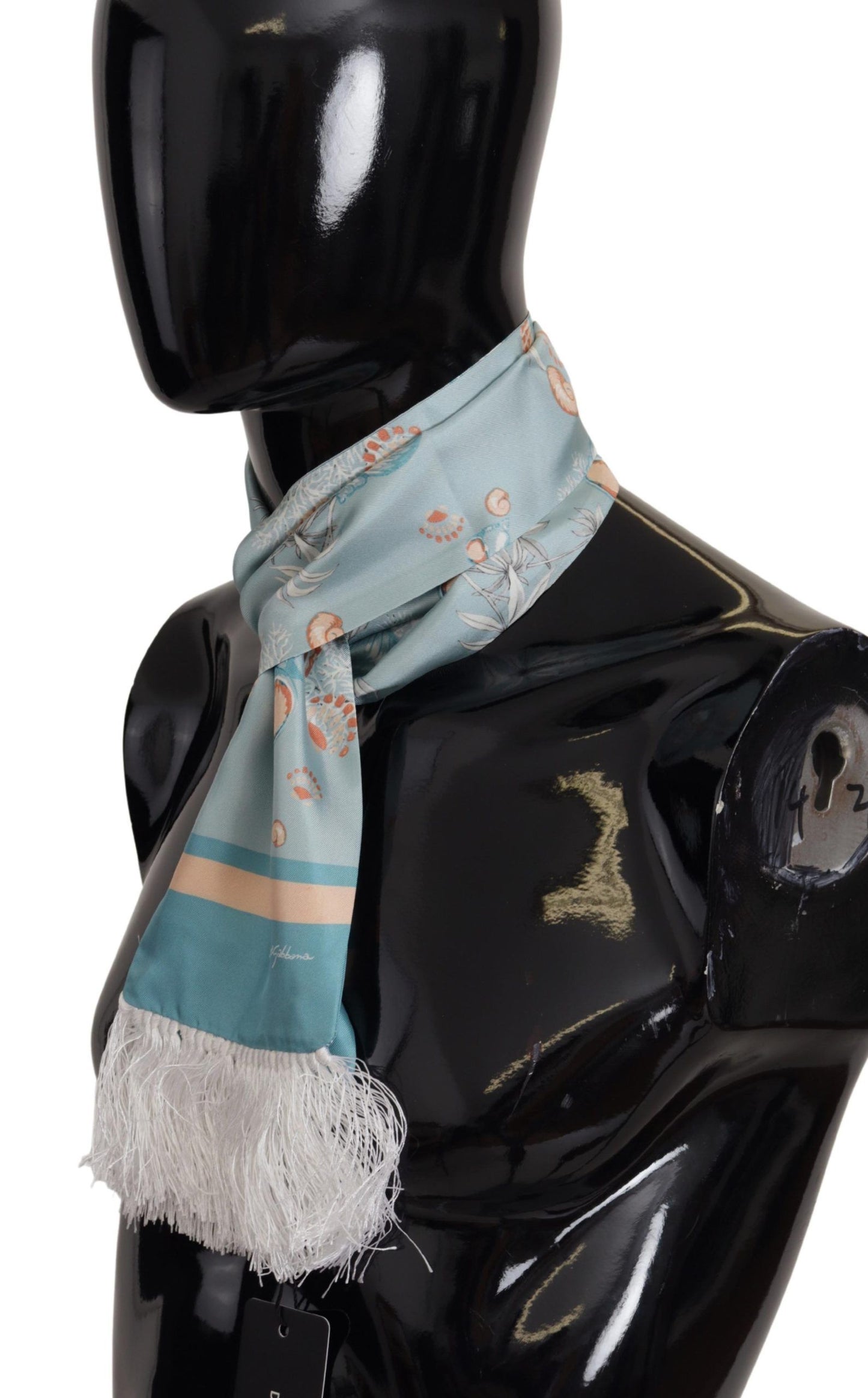Dolce &amp; Gabbana – Blauer Seidenschal mit glänzendem Muschel-Print und Fransen