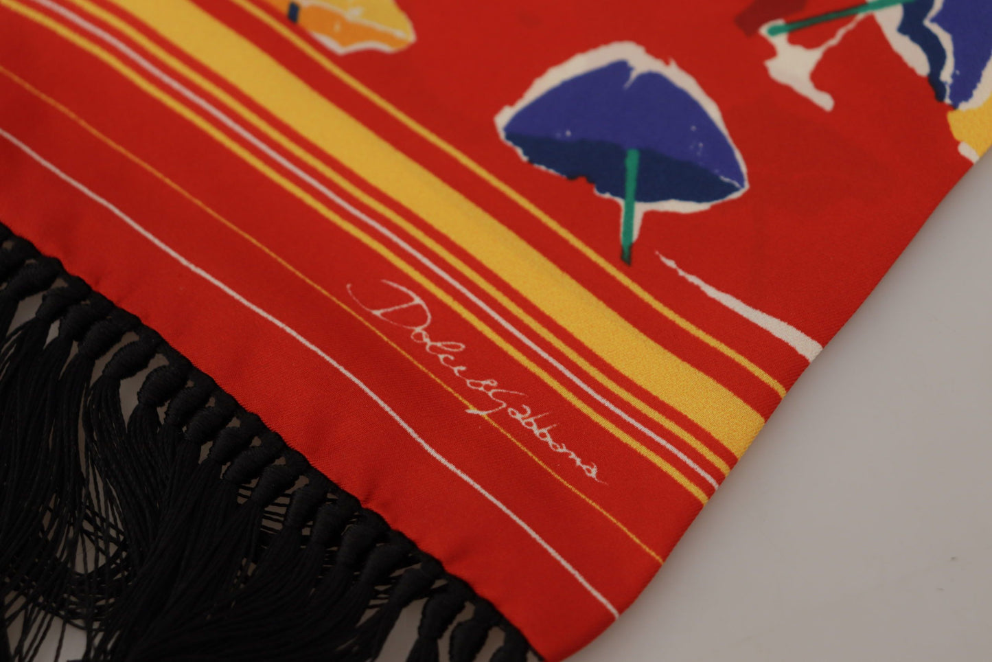 Dolce &amp; Gabbana – Mehrfarbiger Schal mit Fransen und DG-Regenschirm-Print