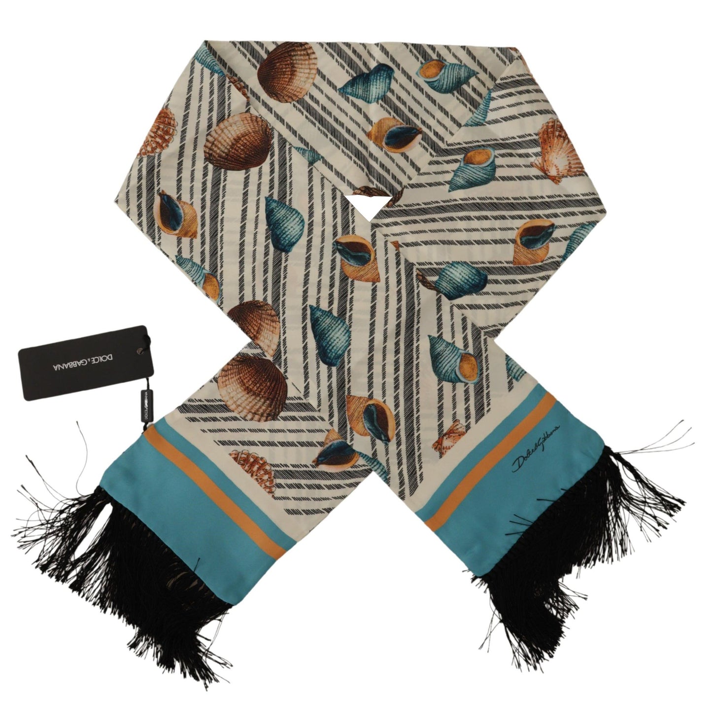 Dolce &amp; Gabbana Seidenschal mit Fransen und Muscheln im DG-Print in mehreren Farben