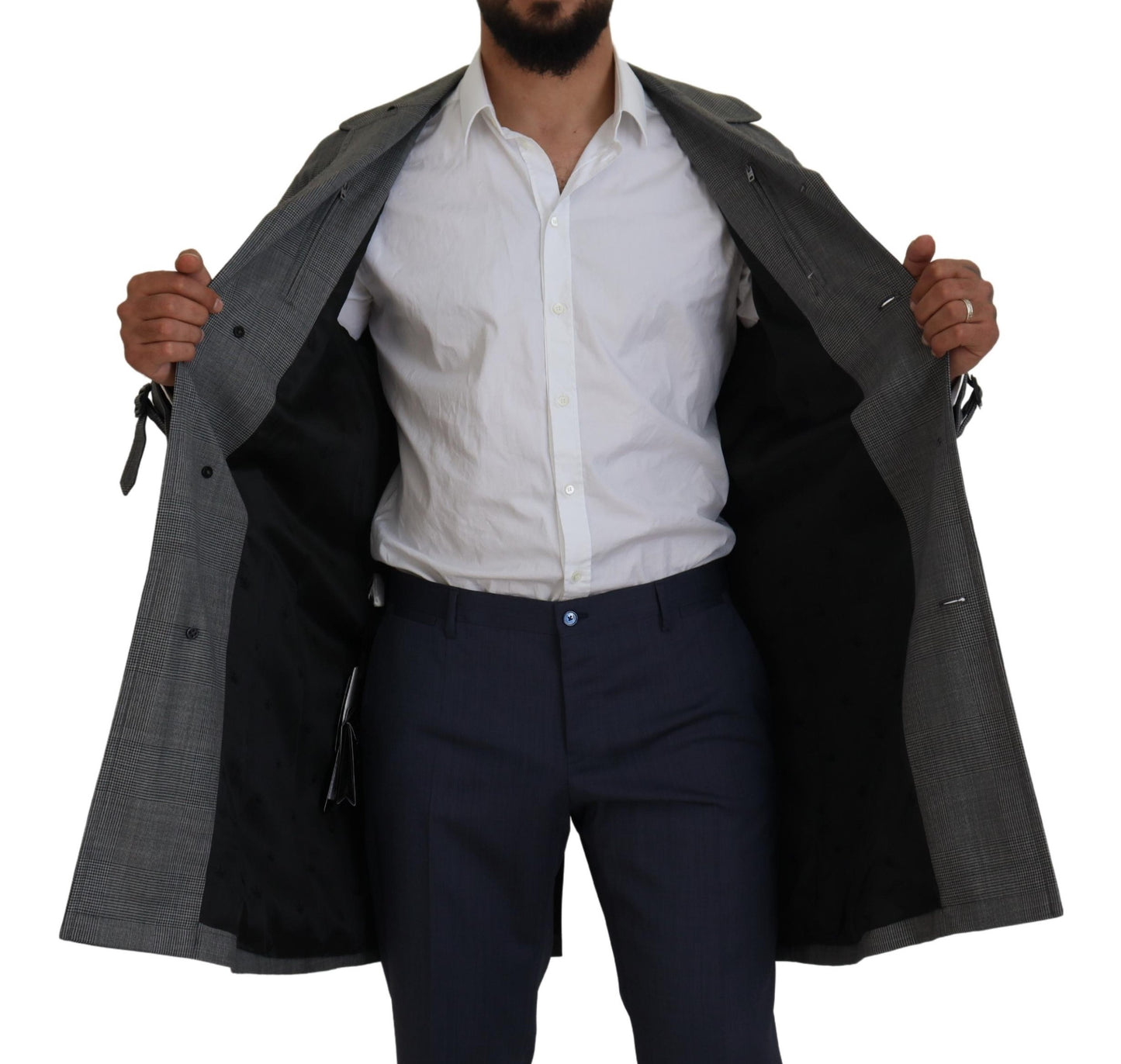 Dolce &amp; Gabbana Graue Wolle Plaid Lange Trenchcoat Jacke Trenchcoat Jacke