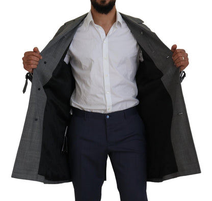 Dolce &amp; Gabbana Graue Wolle Plaid Lange Trenchcoat Jacke Trenchcoat Jacke