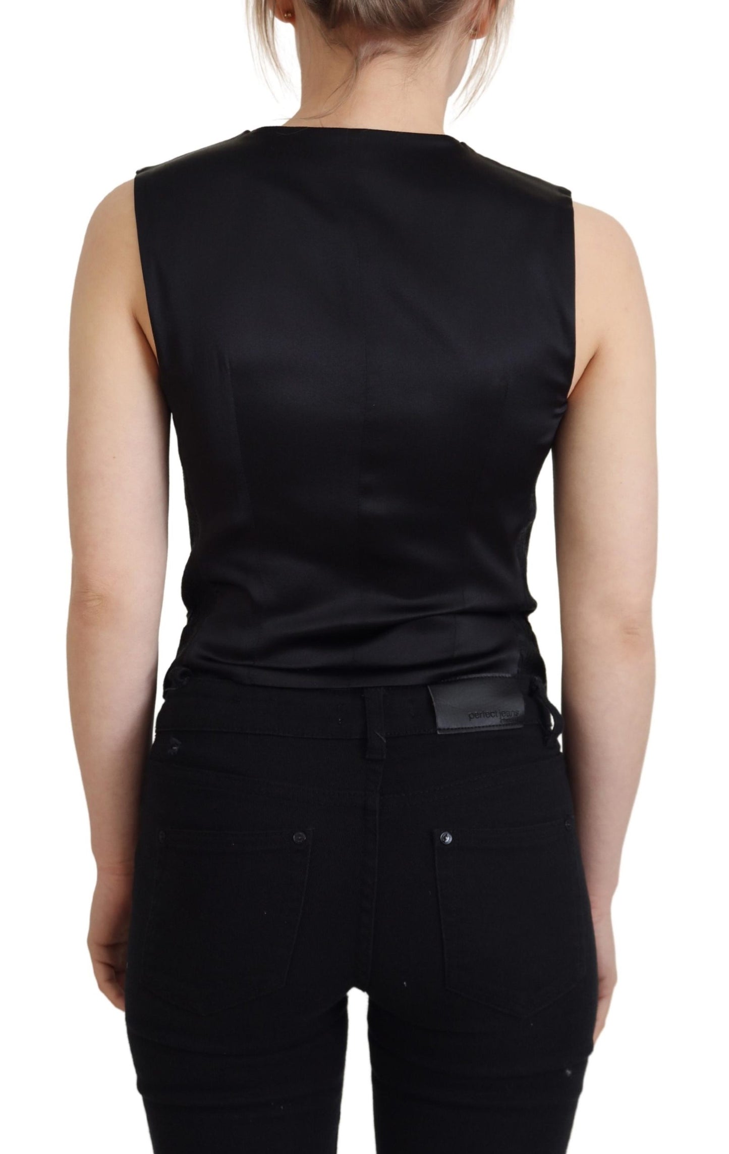 Dolce &amp; Gabbana – Schwarzes, ärmelloses Brokat-Top mit Knopfleiste
