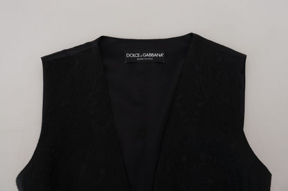 Dolce &amp; Gabbana – Schwarzes, ärmelloses Brokat-Top mit Knopfleiste