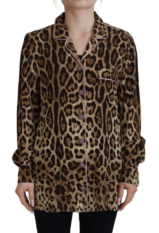 Dolce &amp; Gabbana – Braunes Blusenoberteil mit langen Ärmeln und Leopardenmuster