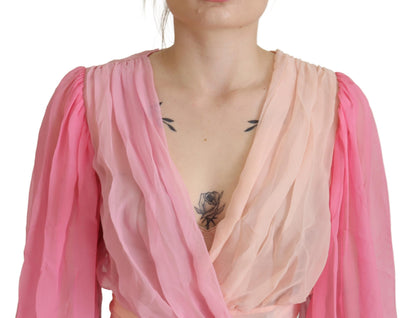 Dolce &amp; Gabbana – Langärmliges Wickelblusenoberteil aus rosa Seide