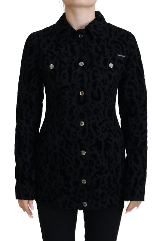Dolce &amp; Gabbana – Schwarze Jeansjacke mit langen Ärmeln und Leopardenmuster