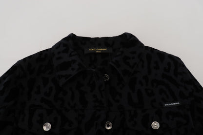 Dolce &amp; Gabbana – Schwarze Jeansjacke mit langen Ärmeln und Leopardenmuster