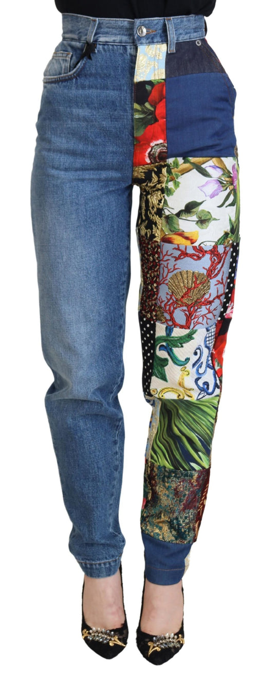 Dolce &amp; Gabbana Blaue Majolika-Jeans mit hoher Taille aus Jacquard