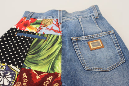 Dolce &amp; Gabbana Blaue Majolika-Jeans mit hoher Taille aus Jacquard